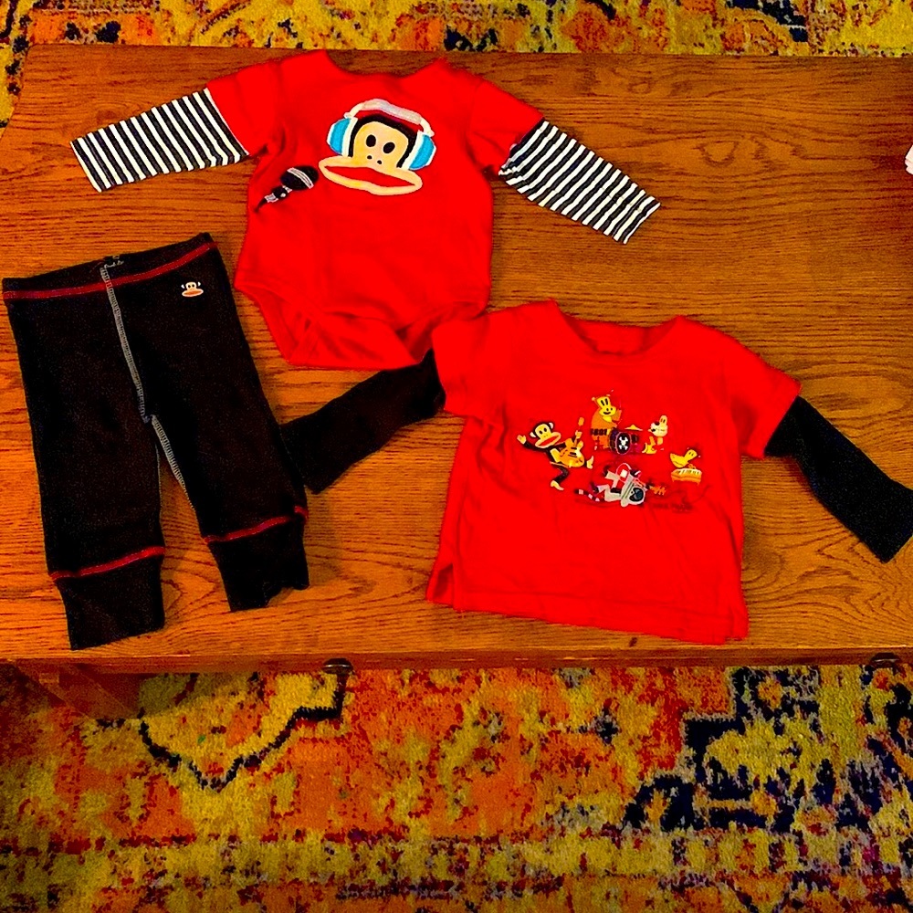 Paul Frank Lot 6-9 mnth Monkey Headphones w/ black pants and 18 mnth Band shirt
